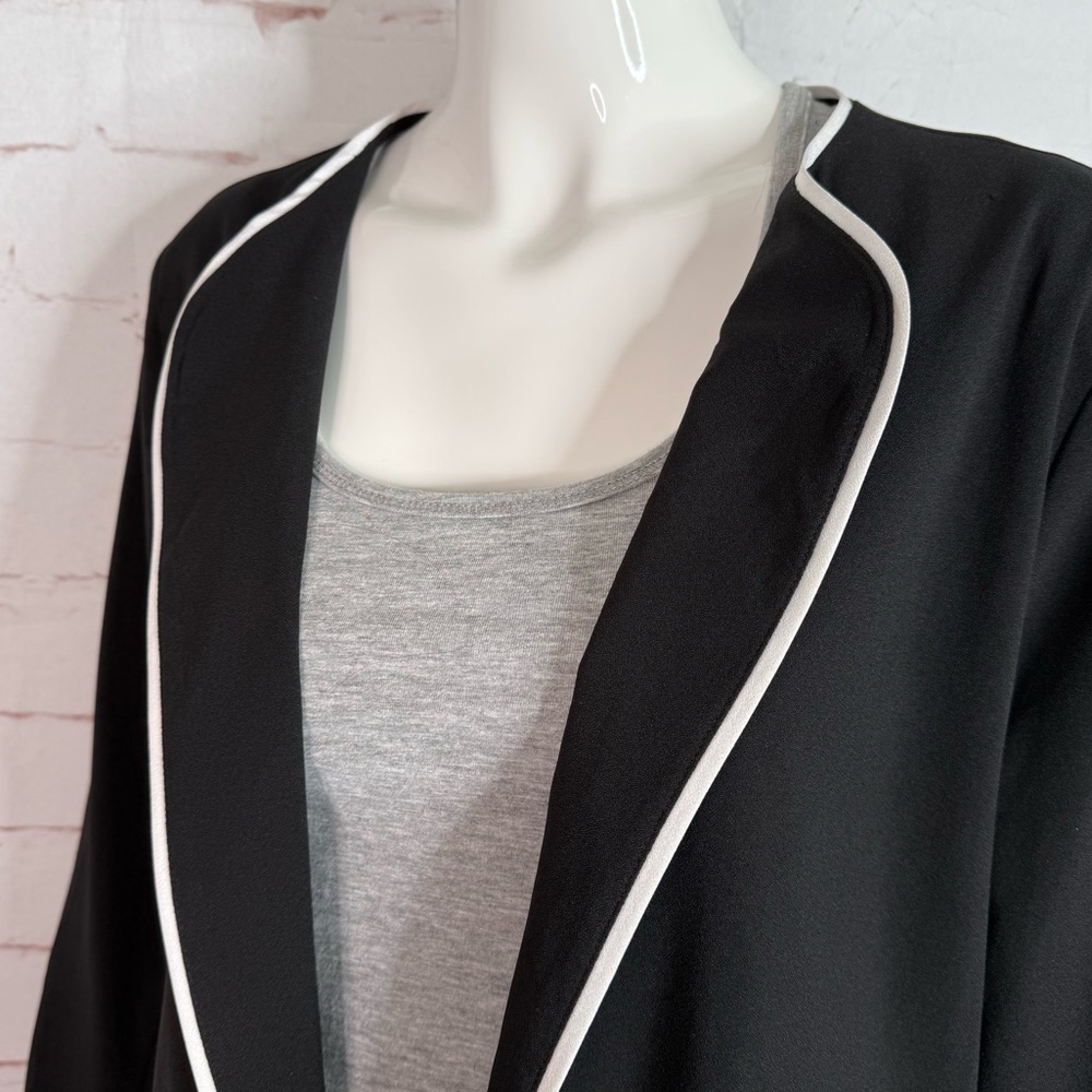 NY COLLECTION PETITE PL Black with White Piping Lightweight Open Front Blazer - Picture 8 of 15